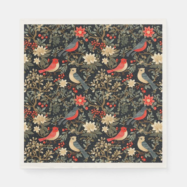 Elegant Festive Birds & Floral Christmas Red  Napkin (Front)