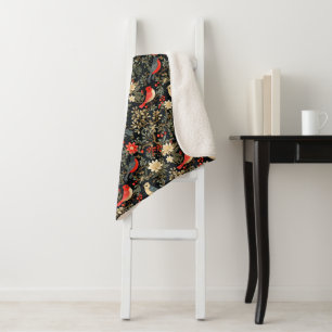 Elegant Festive Birds & Floral Christmas Red Sherpa Blanket
