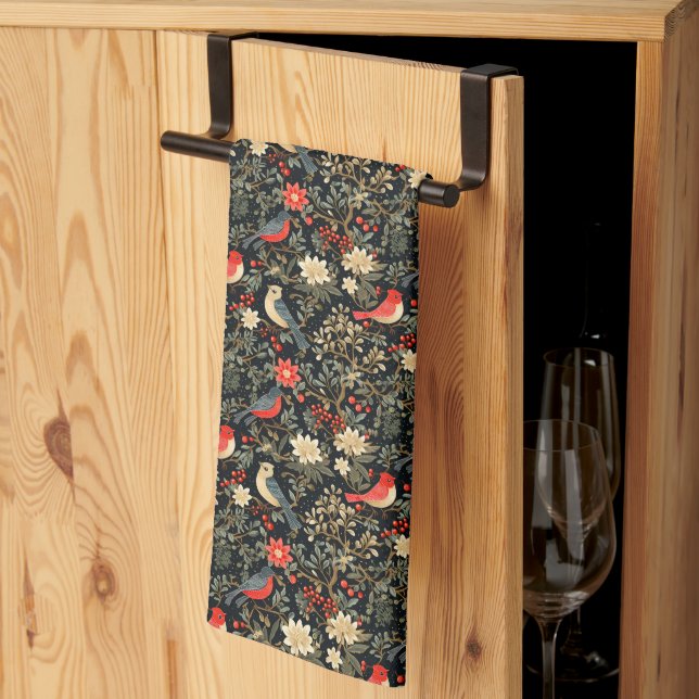 Elegant Festive Birds & Floral Christmas Red  Tea Towel (Thirds Fold)