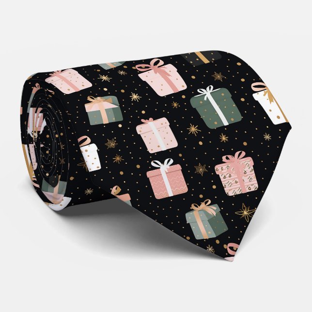 Elegant Festive Black Christmas Gifts Pattern Tie (Rolled)