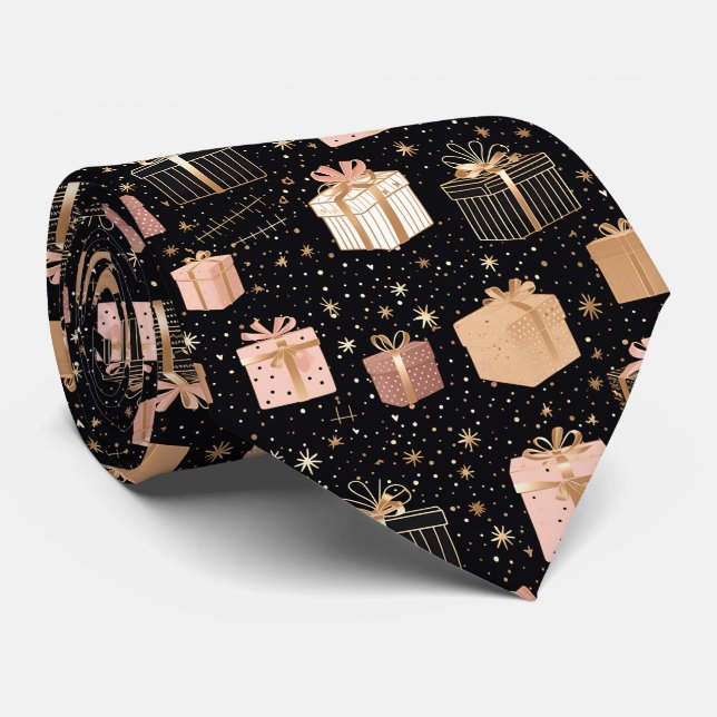 Elegant Festive Black Christmas Gifts Pattern Tie (Rolled)