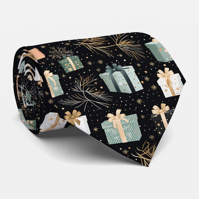 Elegant Festive Black Christmas Gifts Pattern Tie (Rolled)