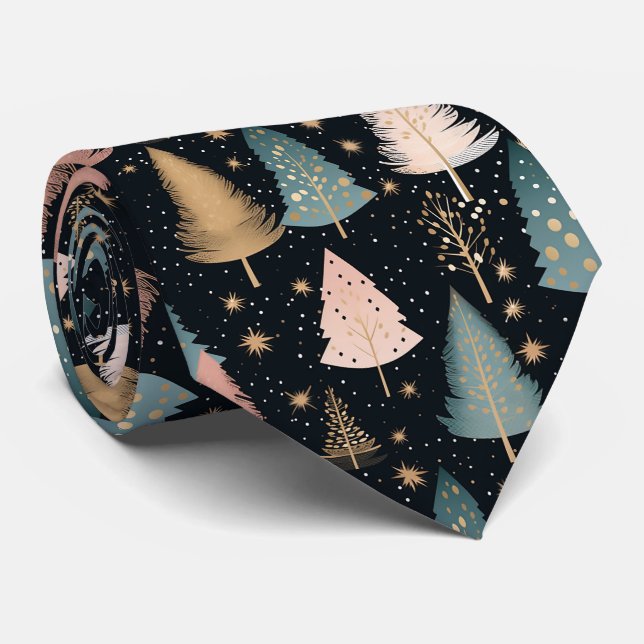 Elegant Festive Black Christmas Tree Pattern Tie (Rolled)