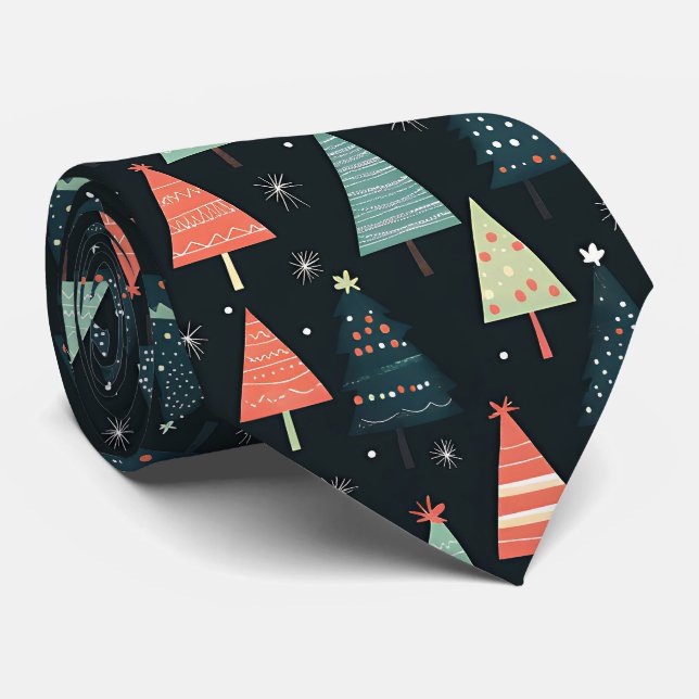 Elegant Festive Black Christmas Tree Pattern Tie (Rolled)