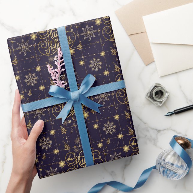 Elegant Festive Blue and Gold Merry Christmas Wrapping Paper (Gifting)