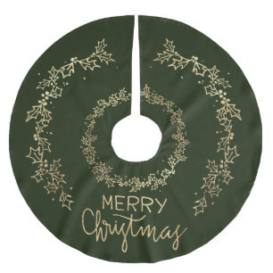 Elegant Festive Christmas Green and Gold Holly Brushed Polyester Tree Skirt