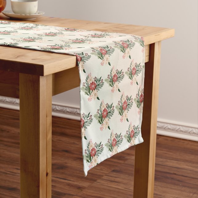 Elegant Festive Christmas Poinsettia Holiday Short Table Runner (In Situ)