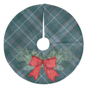 Elegant festive Christmas tartan plaid blue ribbon Fleece Tree Skirt