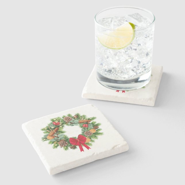 Elegant Festive Christmas Wreath with Red Bow  Stone Coaster (Side)