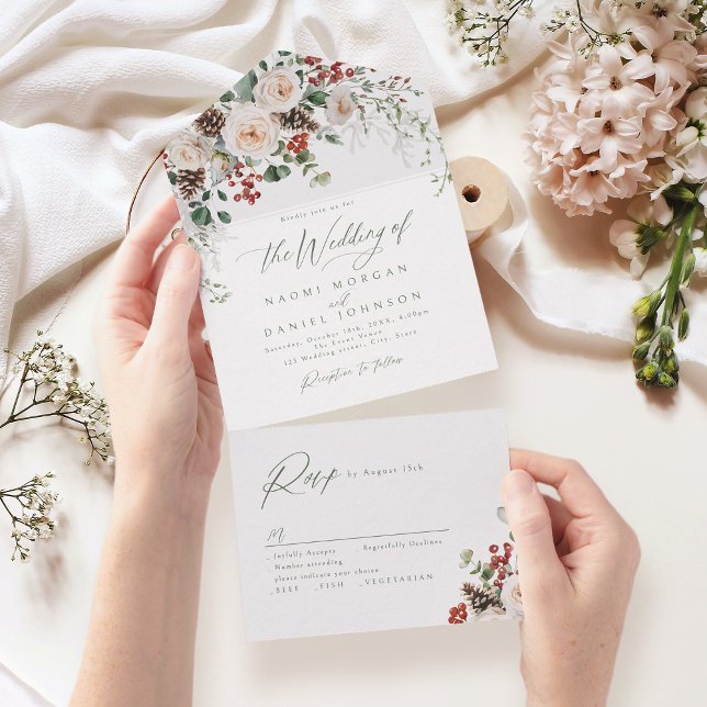 Elegant Festive Floral Holiday Winter Wedding All In One Invitation (Elegant Festive Floral Holiday Winter Wedding All In One Invitation)