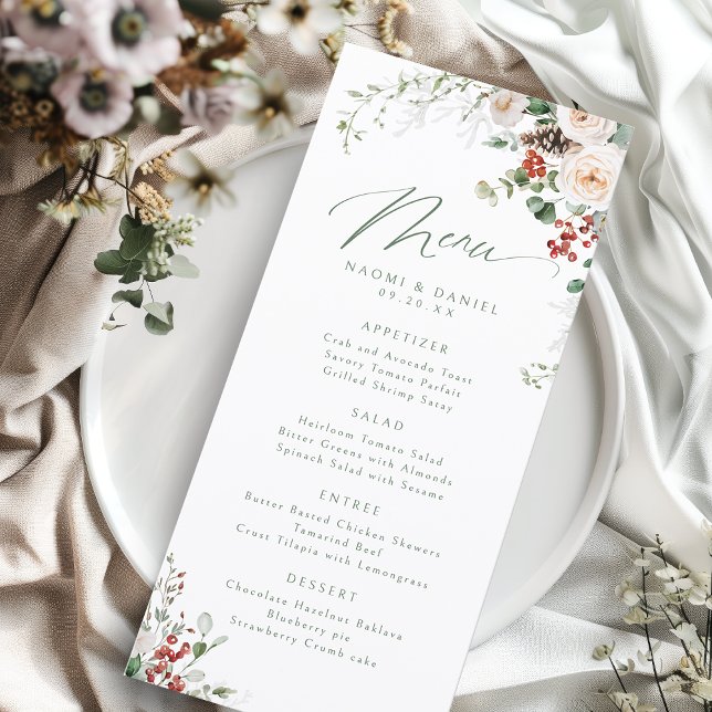 Elegant Festive Floral Holiday Winter Wedding Menu (Elegant Festive Floral Holiday Winter Wedding Menu)