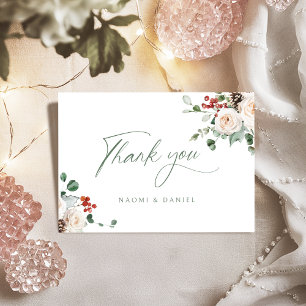Elegant Festive Floral Holiday Winter Wedding Thank You Card