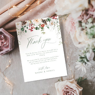 Elegant Festive Floral Holiday Winter Wedding Thank You Card