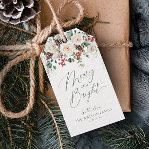 Elegant Festive Floral Merry And Bright Christmas Gift Tags