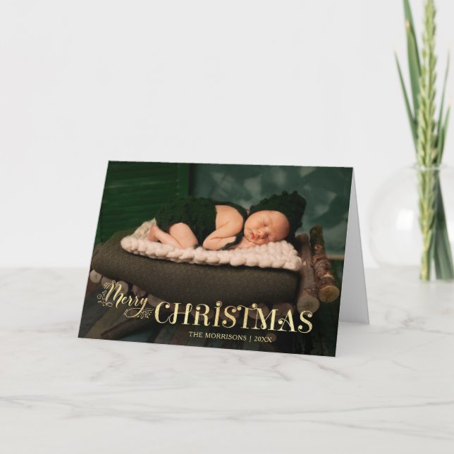 Elegant Festive Gold Merry Christmas Script Photo Holiday Card (Front)