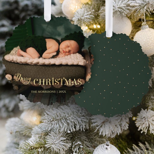 Elegant Festive Gold Merry Christmas Script Photo Tree Decoration Card (Creator Uploaded)