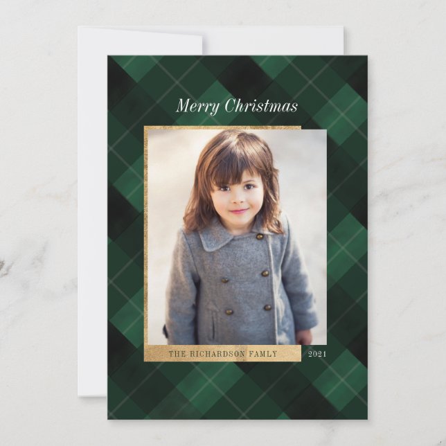 Elegant Festive Green Plaid & Gold One Photo Holiday Card (Front)