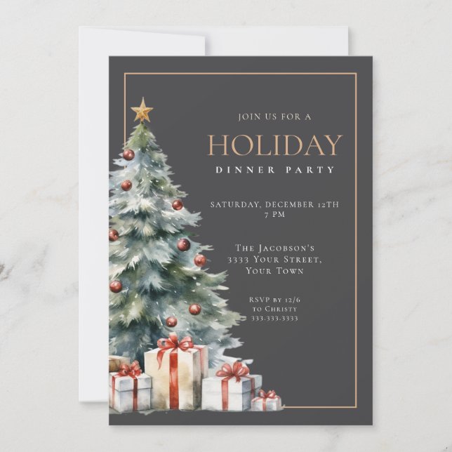Elegant Festive Grey Gold Holiday Dinner Party Invitation (Front)