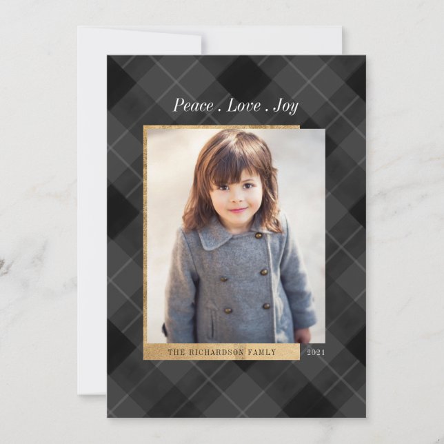 Elegant Festive Grey Plaid & Gold One Photo Holiday Card (Front)