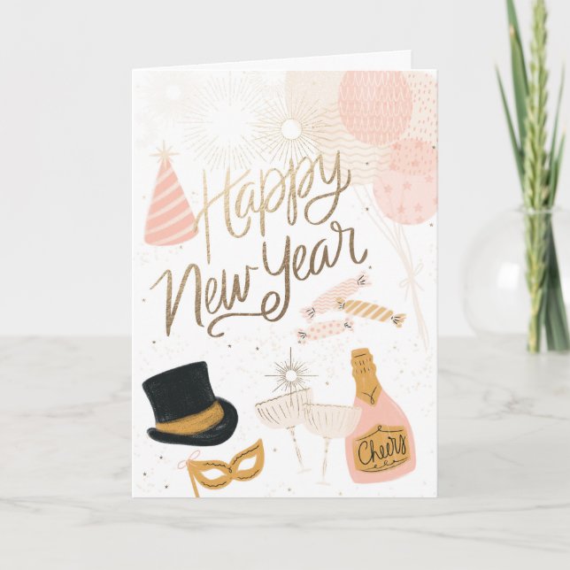 Elegant Festive Icons Card Happy New Year Card (Front)
