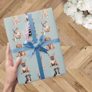 Elegant Festive Light Blue Puppy Dog Birthday Wrapping Paper