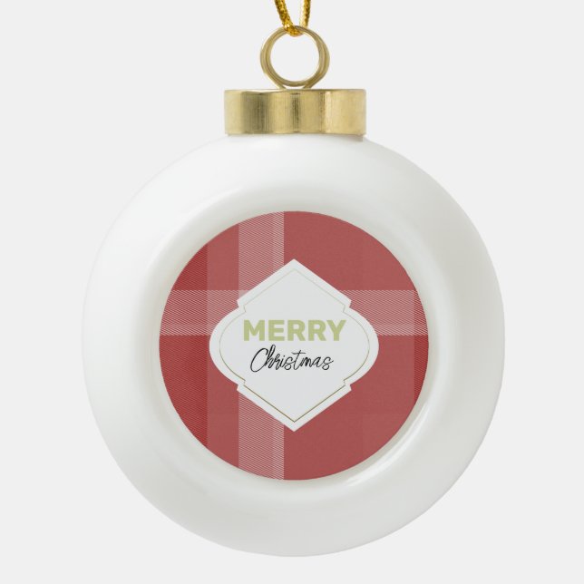 Elegant Festive Merry Christmas Tartan Burgundy Ceramic Ball Christmas Ornament (Front)
