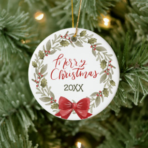 Elegant Festive Merry Christmas Wreath Red Bow Ceramic Tree Decoration