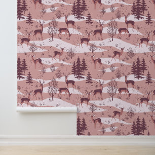 Elegant Festive Retro Pink Woodland Deer Wallpaper