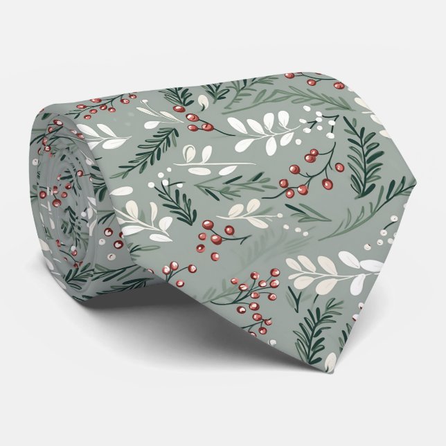 Elegant Festive Sage Green Christmas Leave Pattern Tie (Rolled)