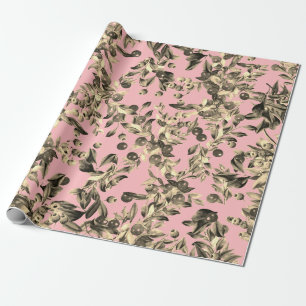 Elegant Festive Watercolor Gold Beige Berries Pink Wrapping Paper