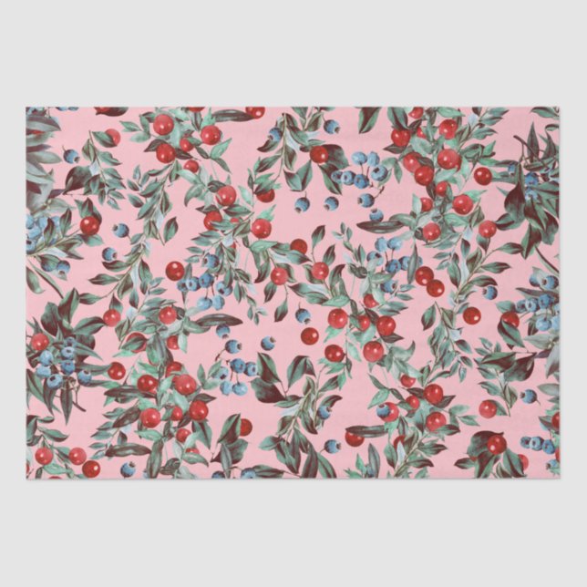 Elegant Festive Watercolor Red Blue Berries Pink Tissue Paper (Front)