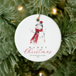 Elegant Festive Watercolor Snowman Merry Christmas Ceramic Tree Decoration