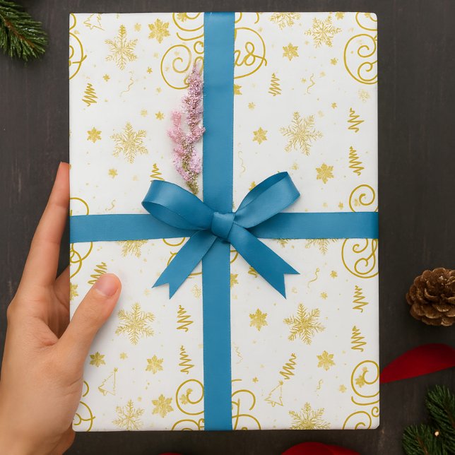Elegant Festive White and Gold Merry Christmas Wrapping Paper (Creator Uploaded)