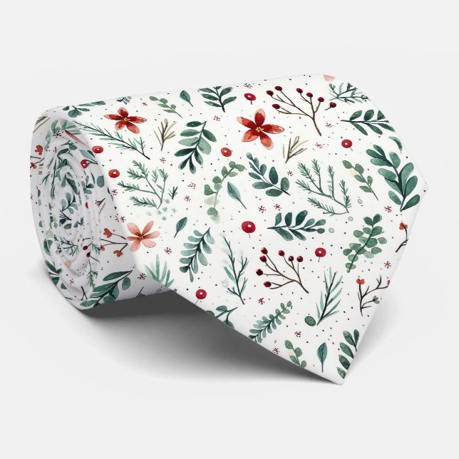 Elegant Festive White and Green Christmas Pattern Tie (Rolled)