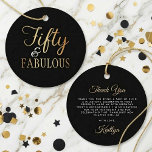 Elegant Fifty and Fabulous! 50th Birthday Party Favour Tags<br><div class="desc">Say thank you in style with these sophisticated "Fifty & Fabulous" birthday party favor tags. Featuring a striking high-contrast design, these tags pair a deep black background with a shimmering faux gold foil script that exudes elegance and luxury. The template wording is fully customizable, allowing you to easily update the...</div>
