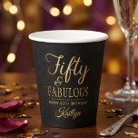 Elegant Fifty and Fabulous! 50th Birthday Party Paper Cups<br><div class="desc">Celebrate a half-century of style with these sophisticated "Fifty & Fabulous" birthday party paper cups. Featuring a striking high-contrast design, these cups pair a deep black background with a shimmering faux gold foil script that exudes elegance and luxury. This template wording is fully customizable, allowing you to easily update the...</div>