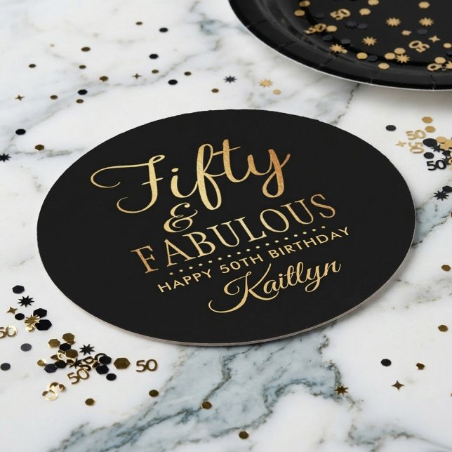 Elegant Fifty and Fabulous! 50th Birthday Party Round Paper Coaster (Creator Uploaded)