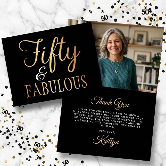 Elegant Fifty and Fabulous! 50th Birthday Photo Thank You Card (Creator Uploaded)