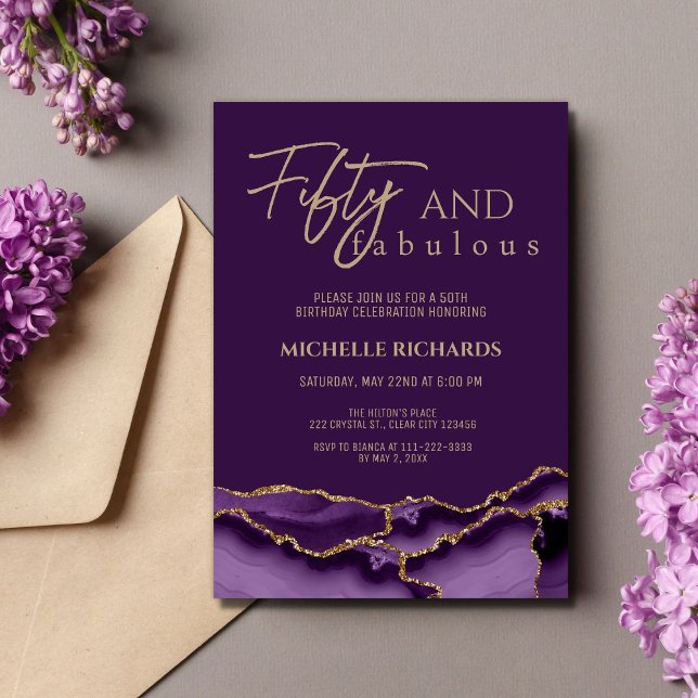 Elegant Fifty and Fabulous Purple Gold Agate  Invitation (Creator Uploaded)