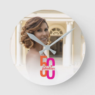Elegant Fifty & Fabulous 50th Birthday Round Clock