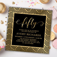 Elegant Fifty Script Black and Gold 50th Birthday
