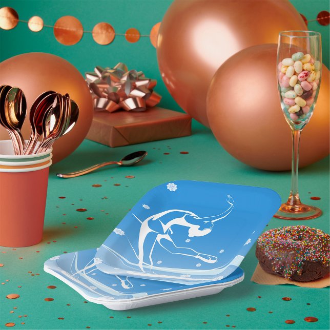 Elegant Figure Skater Silhouette Snowflakes Paper Plate (Creator Uploaded)