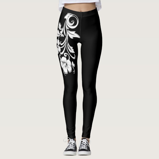 Elegant filigree floral Modern Black and white  Leggings (Front)