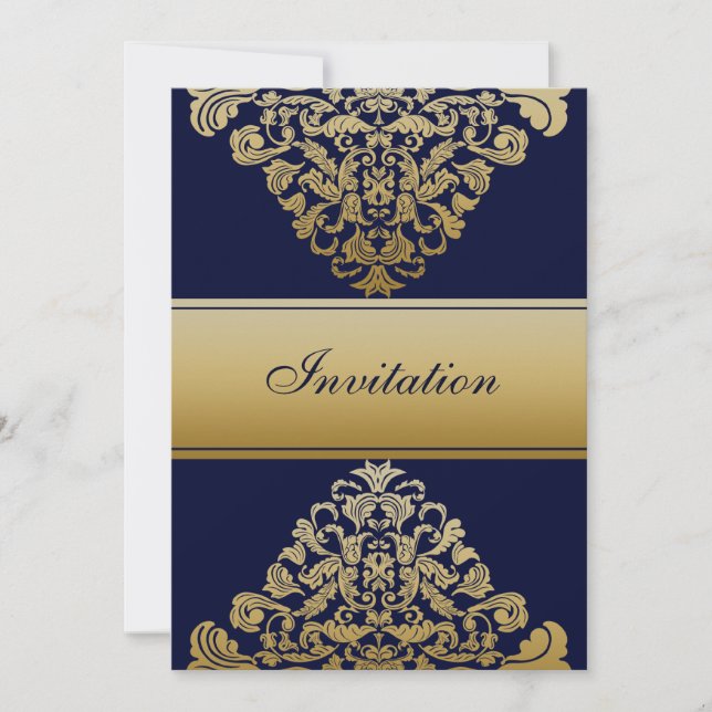 Elegant Filigree Navy Gold Wedding Invitation (Front)