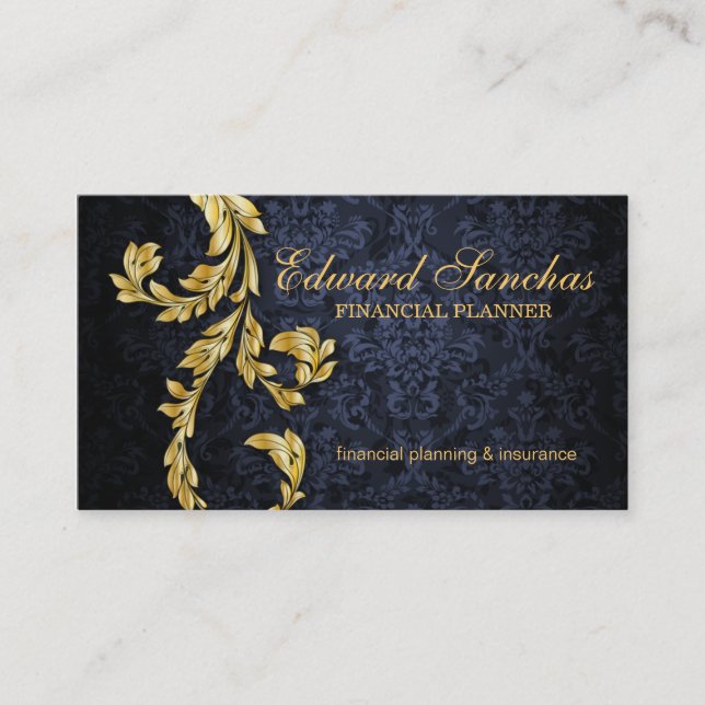 Elegant Financial Planner Gold Leaf Navy Blue Business Card (Front)