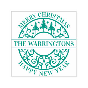 Elegant Fir Trees Stars Lacy Filigree Family Name Self-inking Stamp