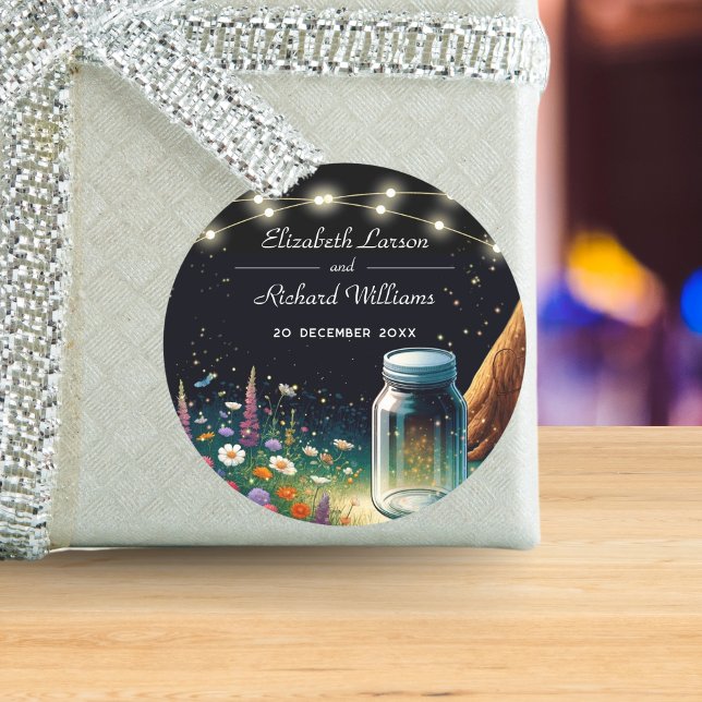 Elegant Firefly Rustic Wedding Invitation Classic Round Sticker (Creator Uploaded)