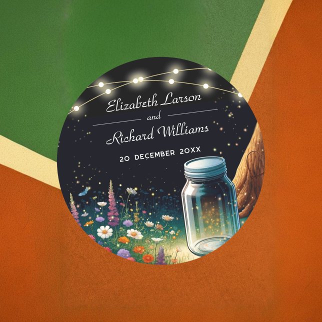 Elegant Firefly Rustic Wedding Invitation Classic Round Sticker (Creator Uploaded)