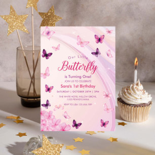 Elegant First 1st Birthday Pink Butterflies Party Invitation