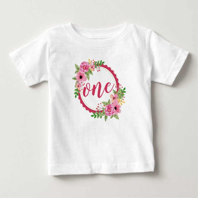Elegant First Birthday Floral Wreath | Romper Baby T-Shirt (Front)